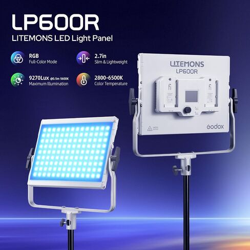 GODOX Litemons 60W LP600R RGB LED Video Light w/Barndoors, 1800K-10000K Full-Color RGB Panel Light, 9270 lux/0.5m, APP Control, 0%-100% GM Adjustment, for Studio Video Photography Live Streaming in Kuwait