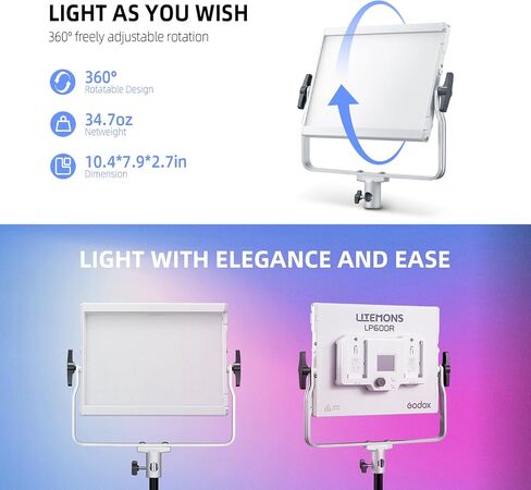 GODOX Litemons 60W LP600R RGB LED Video Light w/Barndoors, 1800K-10000K Full-Color RGB Panel Light, 9270 lux/0.5m, APP Control, 0%-100% GM Adjustment, for Studio Video Photography Live Streaming in Kuwait