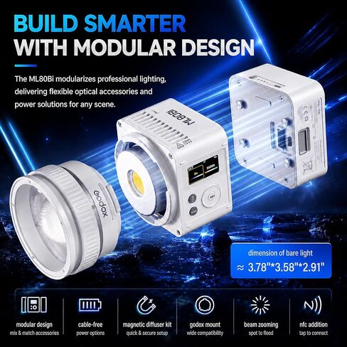 Godox ML80Bi Bi-Color LED Video Light with 6600mAh Battery - 29600Lux@1m, 2800K-6500K, CRI/TLCI 96+, 11 FX Effects, NFC & APP Control for Videography, Vlogging & Filmmaking for Outdoor luz continua in Saudi Arabia