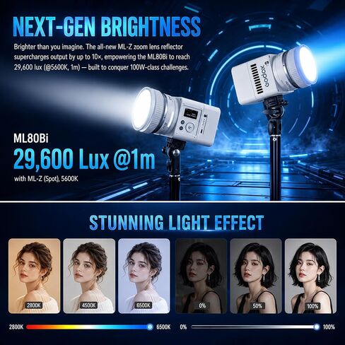Godox ML80Bi Bi-Color LED Video Light with 6600mAh Battery - 29600Lux@1m, 2800K-6500K, CRI/TLCI 96+, 11 FX Effects, NFC & APP Control for Videography, Vlogging & Filmmaking for Outdoor luz continua in Saudi Arabia