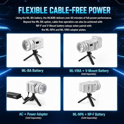 Godox ML80Bi Bi-Color LED Video Light with 6600mAh Battery - 29600Lux@1m, 2800K-6500K, CRI/TLCI 96+, 11 FX Effects, NFC & APP Control for Videography, Vlogging & Filmmaking for Outdoor luz continua in Saudi Arabia