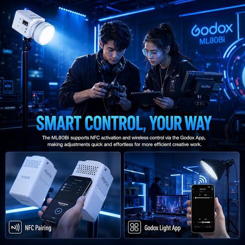 Godox ML80Bi Bi-Color LED Video Light with 6600mAh Battery - 29600Lux@1m, 2800K-6500K, CRI/TLCI 96+, 11 FX Effects, NFC & APP Control for Videography, Vlogging & Filmmaking for Outdoor luz continua in Saudi Arabia