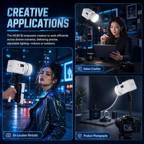 Godox ML80Bi Bi-Color LED Video Light with 6600mAh Battery - 29600Lux@1m, 2800K-6500K, CRI/TLCI 96+, 11 FX Effects, NFC & APP Control for Videography, Vlogging & Filmmaking for Outdoor luz continua in Saudi Arabia
