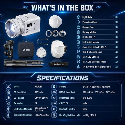 Godox ML80Bi Bi-Color LED Video Light with 6600mAh Battery - 29600Lux@1m, 2800K-6500K, CRI/TLCI 96+, 11 FX Effects, NFC & APP Control for Videography, Vlogging & Filmmaking for Outdoor luz continua in Saudi Arabia