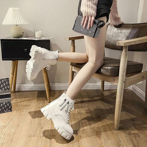 Women's Chunky Lace Up Combat Boots Classic Round Toe Side Zipper Platform Lug Sole Boots Punk Motorcycle Ankle Booties in Kuwait