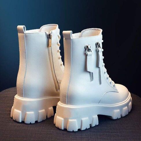 Women's Chunky Lace Up Combat Boots Classic Round Toe Side Zipper Platform Lug Sole Boots Punk Motorcycle Ankle Booties in Kuwait