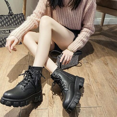 Women's Chunky Lace Up Combat Boots Classic Round Toe Side Zipper Platform Lug Sole Boots Punk Motorcycle Ankle Booties in Kuwait