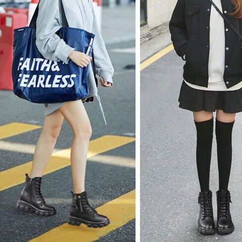 Women's Chunky Lace Up Combat Boots Classic Round Toe Side Zipper Platform Lug Sole Boots Punk Motorcycle Ankle Booties in Kuwait