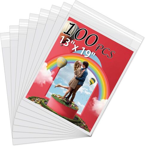 100 Pack Acid-Free Crystal Clear Sleeves Storage Bags for 13x19 Art Prints | Pictures, Photos, Frame Mats (Bag Size: 13 2/5" x19 1/2") in Kuwait