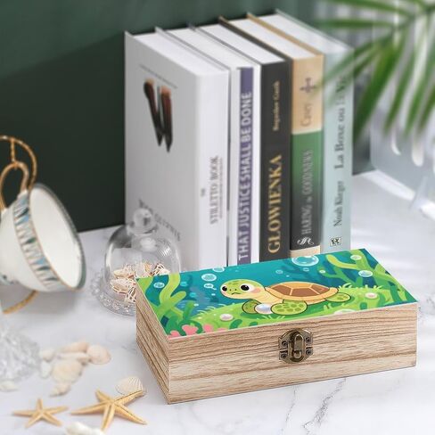 Cute Turtles Wooden Storage Box with Hinged Lid for Photo | Wood Keepsake Box, Dustproof Storage Box, Decorative Treasure Chest, Memory Box for Crafts Coins Stamps Letters Jewelry in Kuwait
