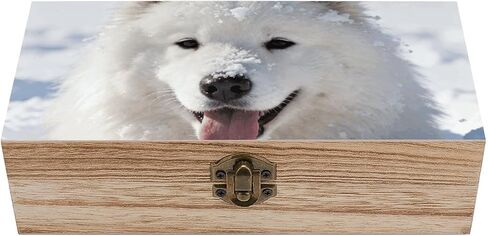 Samoyed in Snow Wooden Storage Box with Hinged Lid for Photo | Wood Keepsake Box, Dustproof Storage Box, Decorative Treasure Chest, Memory Box for Crafts Coins Stamps Letters Jewelry in Kuwait