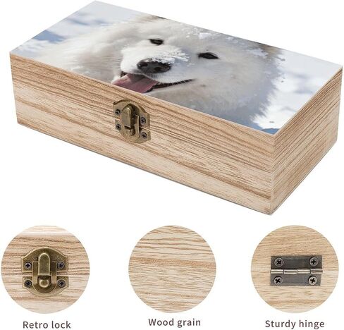Samoyed in Snow Wooden Storage Box with Hinged Lid for Photo | Wood Keepsake Box, Dustproof Storage Box, Decorative Treasure Chest, Memory Box for Crafts Coins Stamps Letters Jewelry in Kuwait