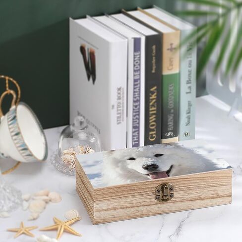 Samoyed in Snow Wooden Storage Box with Hinged Lid for Photo | Wood Keepsake Box, Dustproof Storage Box, Decorative Treasure Chest, Memory Box for Crafts Coins Stamps Letters Jewelry in Kuwait