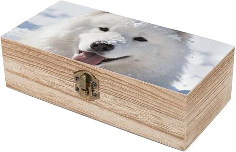 Samoyed in Snow Wooden Storage Box with Hinged Lid for Photo | Wood Keepsake Box, Dustproof Storage Box, Decorative Treasure Chest, Memory Box for Crafts Coins Stamps Letters Jewelry in Kuwait