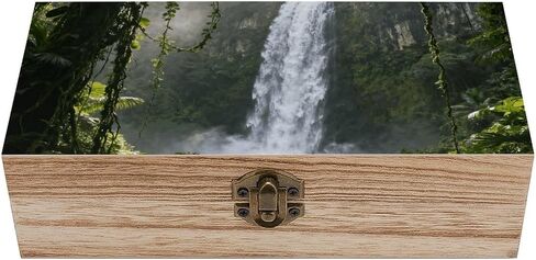 Rainforest Waterfall Wooden Storage Box with Hinged Lid for Photo | Wood Keepsake Box, Dustproof Storage Box, Decorative Treasure Chest, Memory Box for Crafts Coins Stamps Letters Jewelry in Kuwait