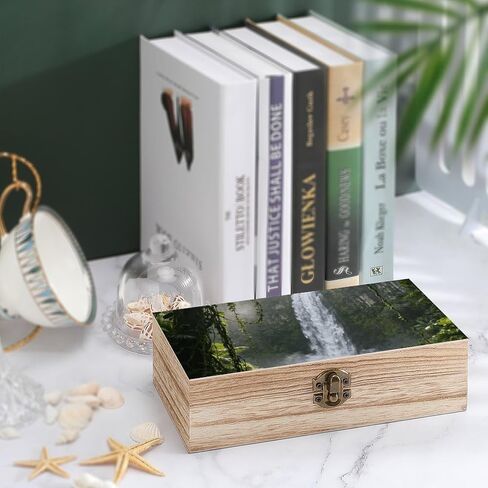 Rainforest Waterfall Wooden Storage Box with Hinged Lid for Photo | Wood Keepsake Box, Dustproof Storage Box, Decorative Treasure Chest, Memory Box for Crafts Coins Stamps Letters Jewelry in Kuwait