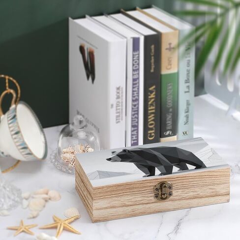 Modern Black Bear Wooden Storage Box with Hinged Lid for Photo | Wood Keepsake Box, Dustproof Storage Box, Decorative Treasure Chest, Memory Box for Crafts Coins Stamps Letters Jewelry in Kuwait
