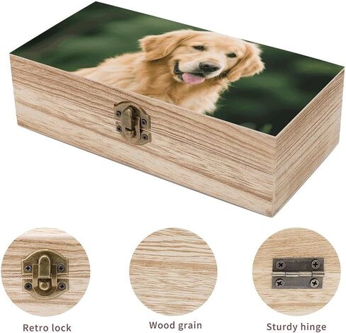 Golden Retriever Dog Wooden Storage Box with Hinged Lid for Photo | Wood Keepsake Box, Dustproof Storage Box, Decorative Treasure Chest, Memory Box for Crafts Coins Stamps Letters Jewelry in Kuwait