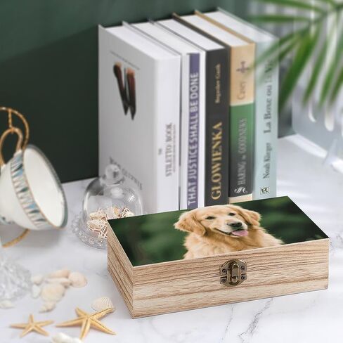 Golden Retriever Dog Wooden Storage Box with Hinged Lid for Photo | Wood Keepsake Box, Dustproof Storage Box, Decorative Treasure Chest, Memory Box for Crafts Coins Stamps Letters Jewelry in Kuwait