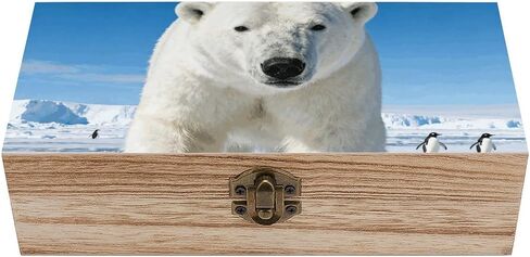 Polar Bear Penguin Wooden Storage Box with Hinged Lid for Photo | Wood Keepsake Box, Dustproof Storage Box, Decorative Treasure Chest, Memory Box for Crafts Coins Stamps Letters Jewelry in Kuwait