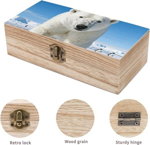 Polar Bear Penguin Wooden Storage Box with Hinged Lid for Photo | Wood Keepsake Box, Dustproof Storage Box, Decorative Treasure Chest, Memory Box for Crafts Coins Stamps Letters Jewelry in Kuwait