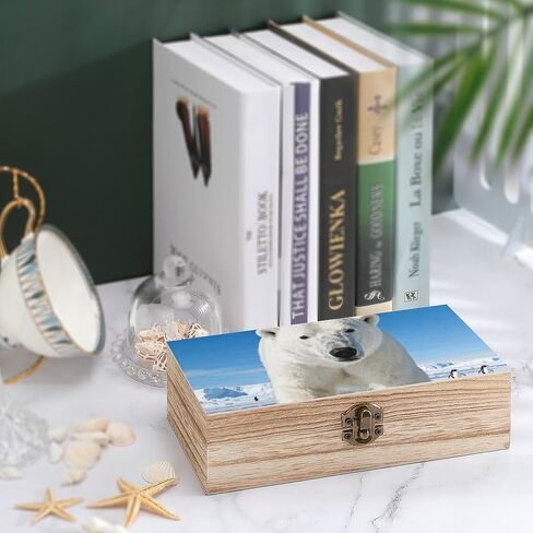 Polar Bear Penguin Wooden Storage Box with Hinged Lid for Photo | Wood Keepsake Box, Dustproof Storage Box, Decorative Treasure Chest, Memory Box for Crafts Coins Stamps Letters Jewelry in Kuwait