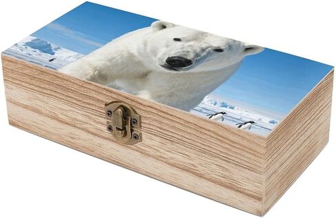 Polar Bear Penguin Wooden Storage Box with Hinged Lid for Photo | Wood Keepsake Box, Dustproof Storage Box, Decorative Treasure Chest, Memory Box for Crafts Coins Stamps Letters Jewelry in Kuwait