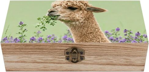 Alpaca Eating Alfalfa Wooden Storage Box with Hinged Lid for Photo | Wood Keepsake Box, Dustproof Storage Box, Decorative Treasure Chest, Memory Box for Crafts Coins Stamps Letters Jewelry in Kuwait