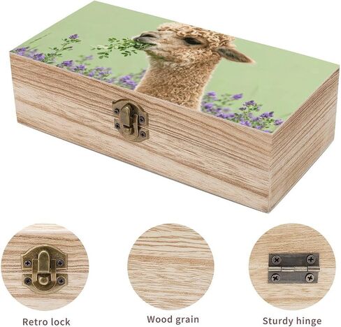 Alpaca Eating Alfalfa Wooden Storage Box with Hinged Lid for Photo | Wood Keepsake Box, Dustproof Storage Box, Decorative Treasure Chest, Memory Box for Crafts Coins Stamps Letters Jewelry in Kuwait