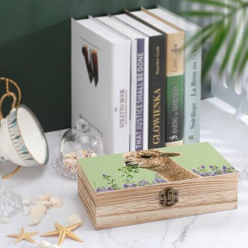 Alpaca Eating Alfalfa Wooden Storage Box with Hinged Lid for Photo | Wood Keepsake Box, Dustproof Storage Box, Decorative Treasure Chest, Memory Box for Crafts Coins Stamps Letters Jewelry in Kuwait