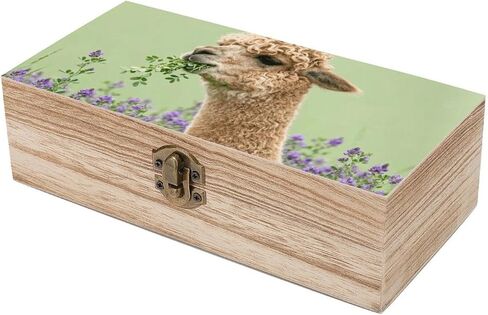Alpaca Eating Alfalfa Wooden Storage Box with Hinged Lid for Photo | Wood Keepsake Box, Dustproof Storage Box, Decorative Treasure Chest, Memory Box for Crafts Coins Stamps Letters Jewelry in Kuwait