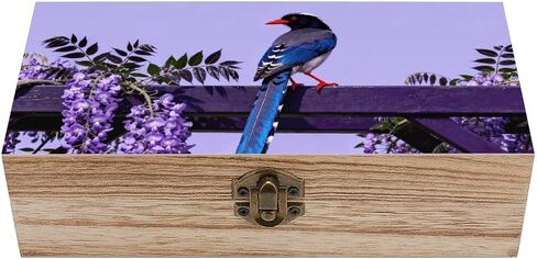 Redbilled Blue Magpie Wooden Storage Box with Hinged Lid for Photo | Wood Keepsake Box, Dustproof Storage Box, Decorative Treasure Chest, Memory Box for Crafts Coins Stamps Letters Jewelry in Kuwait