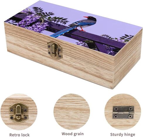 Redbilled Blue Magpie Wooden Storage Box with Hinged Lid for Photo | Wood Keepsake Box, Dustproof Storage Box, Decorative Treasure Chest, Memory Box for Crafts Coins Stamps Letters Jewelry in Kuwait