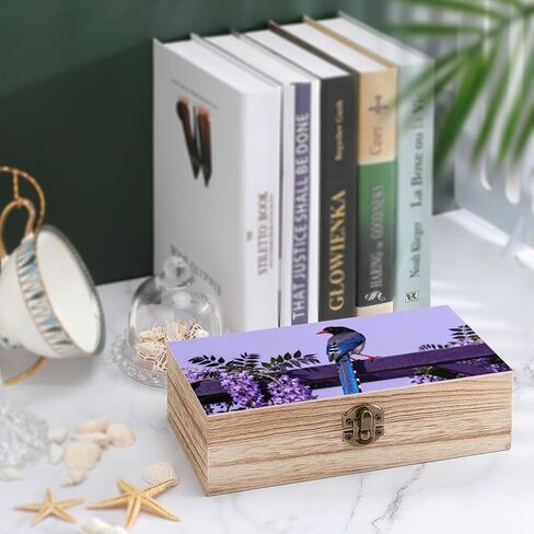 Redbilled Blue Magpie Wooden Storage Box with Hinged Lid for Photo | Wood Keepsake Box, Dustproof Storage Box, Decorative Treasure Chest, Memory Box for Crafts Coins Stamps Letters Jewelry in Kuwait