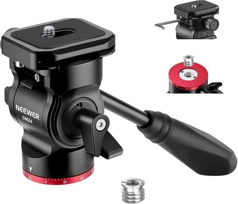 NEEWER Fluid Tripod Head with Handle & Arca Type Quick Release, Aluminum Alloy Panorama Drag Pan Tilt Head with ø43mm Scaled Base for Compact Camcorder DSLR Camera, Max Load: 3kg/6.6lb, GM23 Red in Kuwait