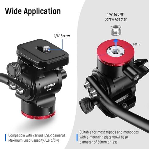 NEEWER Fluid Tripod Head with Handle & Arca Type Quick Release, Aluminum Alloy Panorama Drag Pan Tilt Head with ø43mm Scaled Base for Compact Camcorder DSLR Camera, Max Load: 3kg/6.6lb, GM23 Red in Kuwait