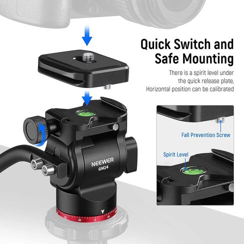 NEEWER Fluid Tripod Head with Handle & Arca Type Quick Release, Aluminum Alloy Panorama Drag Pan Tilt Head with ø43mm Scaled Base for Compact Camcorder DSLR Camera, Max Load: 3kg/6.6lb, GM23 Red in Kuwait