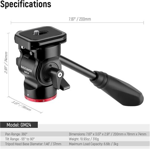 NEEWER Fluid Tripod Head with Handle & Arca Type Quick Release, Aluminum Alloy Panorama Drag Pan Tilt Head with ø43mm Scaled Base for Compact Camcorder DSLR Camera, Max Load: 3kg/6.6lb, GM23 Red in Kuwait