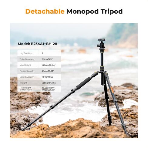 K&F CONCEPT 72" Aluminum Tripod for Camera | Remote & Extra QR Plate, Tripod Monopod for DSLR/Phone, Lightweight Foldable Travel Tripod, TM2324 in Kuwait