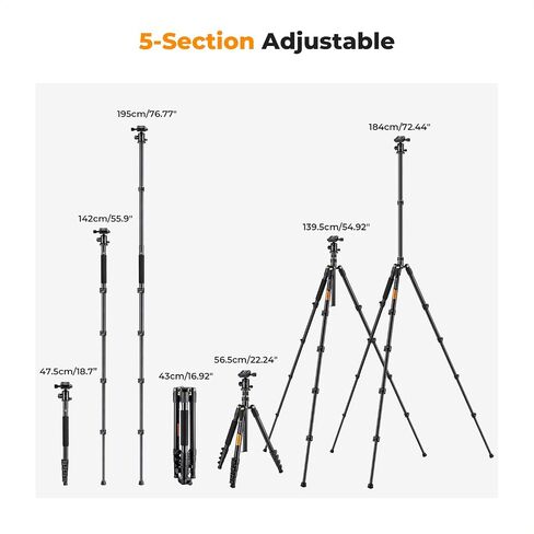 K&F CONCEPT 72" Aluminum Tripod for Camera | Remote & Extra QR Plate, Tripod Monopod for DSLR/Phone, Lightweight Foldable Travel Tripod, TM2324 in Kuwait