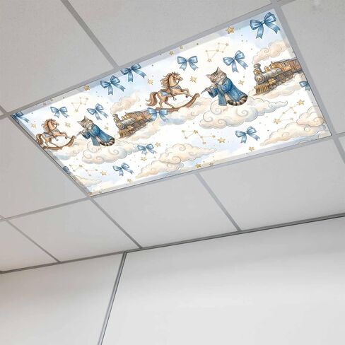 Funny Cartoon Magnetic Fluorescent Light Covers for Ceiling Lights 2x4 Ft,Blue Cute Cat Train Cloud Star Bow Knot Office Classroom Kitchen Drop Ceiling Light Covers Filters Shade Panel 3 Packs in Kuwait