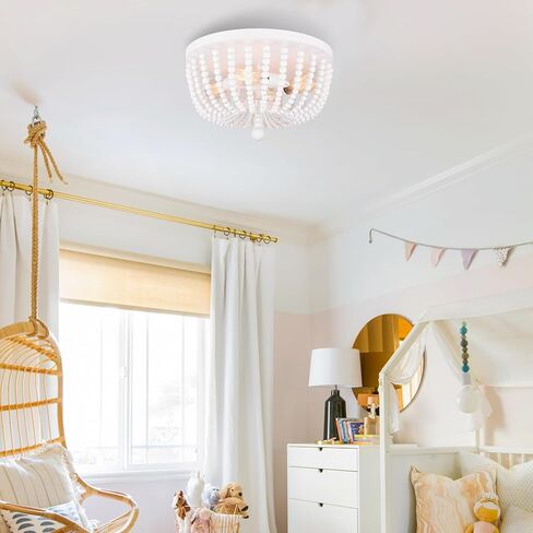 ALICE HOUSE 18" Flush Mount Light, Rustic White Wood Bead Chandelier, 4 Light Ceiling Light for Entryway, Hallway, Bedroom, Living Room, Dining Room, ETL Listed, AL9031-S4 in Kuwait