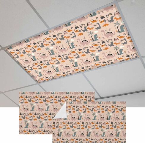Cartoon Animals Magnetic Fluorescent Light Covers for Ceiling Lights 2x4 Ft,Funny Dinosaur Tropical Plants Orange Pink Office Classroom Kitchen Drop Ceiling Light Covers Filters Shade Panel 2 Packs in Kuwait