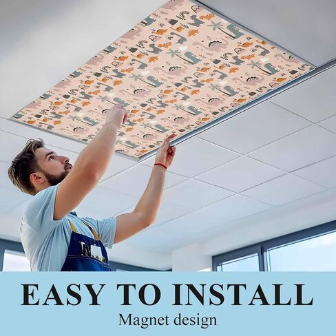 Cartoon Animals Magnetic Fluorescent Light Covers for Ceiling Lights 2x4 Ft,Funny Dinosaur Tropical Plants Orange Pink Office Classroom Kitchen Drop Ceiling Light Covers Filters Shade Panel 2 Packs in Kuwait