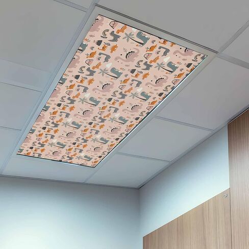 Cartoon Animals Magnetic Fluorescent Light Covers for Ceiling Lights 2x4 Ft,Funny Dinosaur Tropical Plants Orange Pink Office Classroom Kitchen Drop Ceiling Light Covers Filters Shade Panel 2 Packs in Kuwait