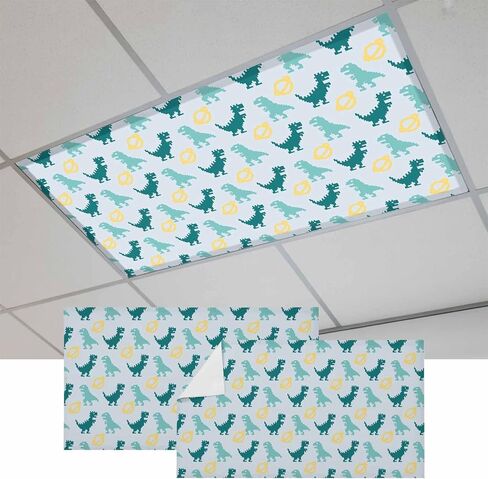 Teal Green Dinosaur Magnetic Fluorescent Light Covers for Ceiling Lights 2x4 Ft,Cartoon Funny Cute Dino Love Heart Office Classroom Kitchen Drop Ceiling Light Covers Filters Shade Panel 2 Packs in Kuwait