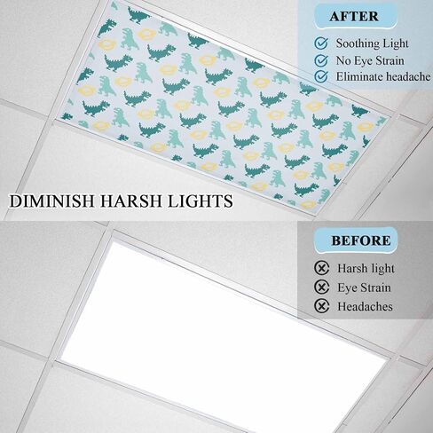 Teal Green Dinosaur Magnetic Fluorescent Light Covers for Ceiling Lights 2x4 Ft,Cartoon Funny Cute Dino Love Heart Office Classroom Kitchen Drop Ceiling Light Covers Filters Shade Panel 2 Packs in Kuwait
