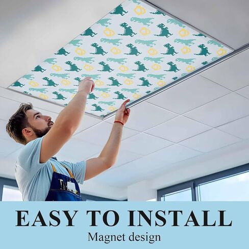 Teal Green Dinosaur Magnetic Fluorescent Light Covers for Ceiling Lights 2x4 Ft,Cartoon Funny Cute Dino Love Heart Office Classroom Kitchen Drop Ceiling Light Covers Filters Shade Panel 2 Packs in Kuwait