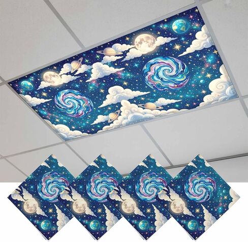 Children's Day Magnetic Fluorescent Light Covers for Ceiling Lights 2x4 Ft,Galaxy Universe Stars Starry Sky Rocket Office Classroom Kitchen Drop Ceiling Light Covers Filters Shade Panel 2 Packs in Kuwait