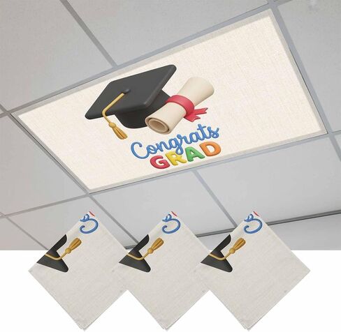 Graduation Magnetic Fluorescent Light Covers for Ceiling Lights 2x4 Ft, Grad Cartoon School on Linen Office Classroom Kitchen Drop Ceiling Light Covers Lighting Filters Shade Panel 3 Packs in Kuwait